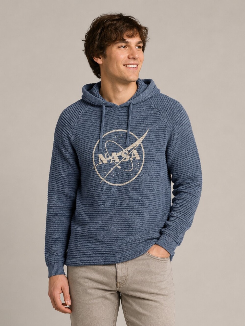 Apex EMI NASA Graphic Hoodie Blue Textured Knit Cotton Sweater Mens Small